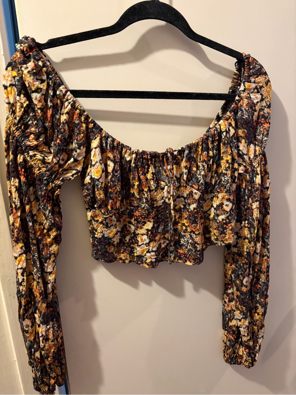 Urban Outfitters Brown and Yellow Floral Off-Shoulder Crop Top